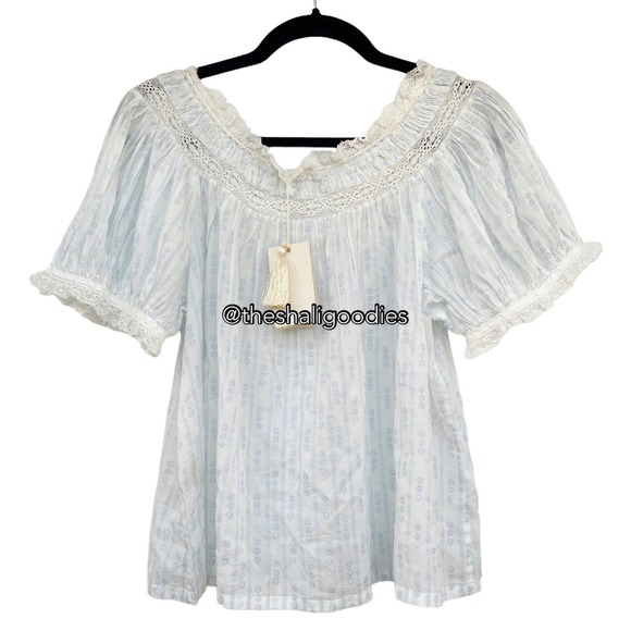 DOEN Misty Top White Blue Floral Lace Trim Cotton Blouse - Picture 7 of 10